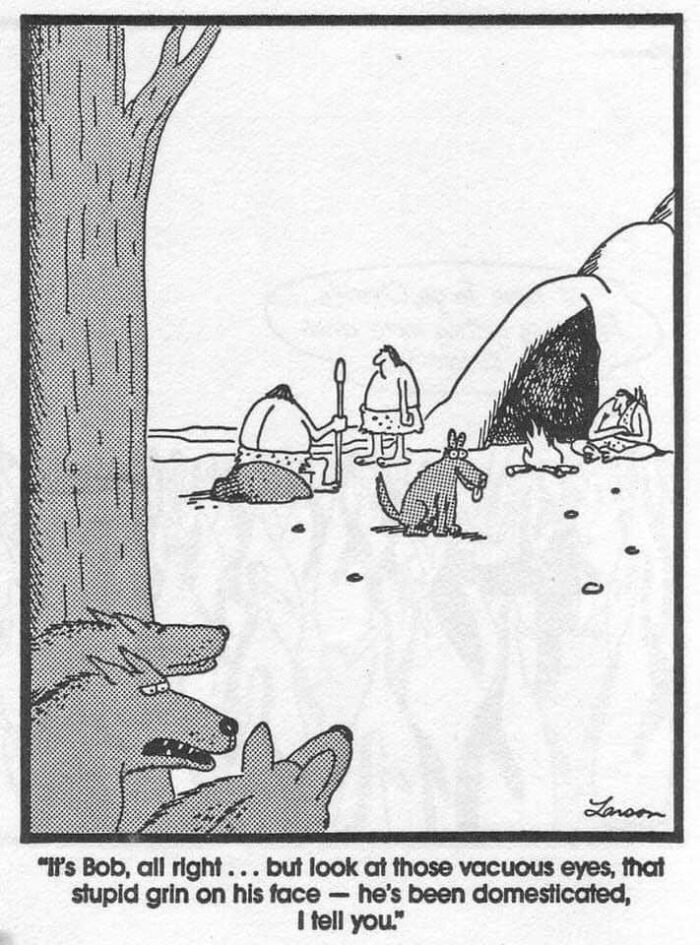 cartoon of prehistoric domesticated dog, Gary Larsen