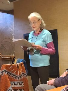 Karen Kline reading her poetry at the Nov. 4, 2023 Bagel Bards